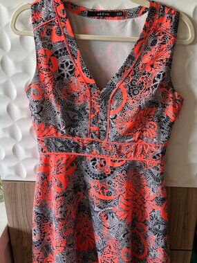 ark & co. Sleeveless V-Neck Dress, Size M, Coral and Navy Lace Print